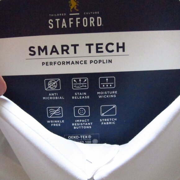 NWT- Mens Stafford White Smart Tech L/S Shirt Performance Poplin 17-17 1/2,34/35 - Picture 4 of 10